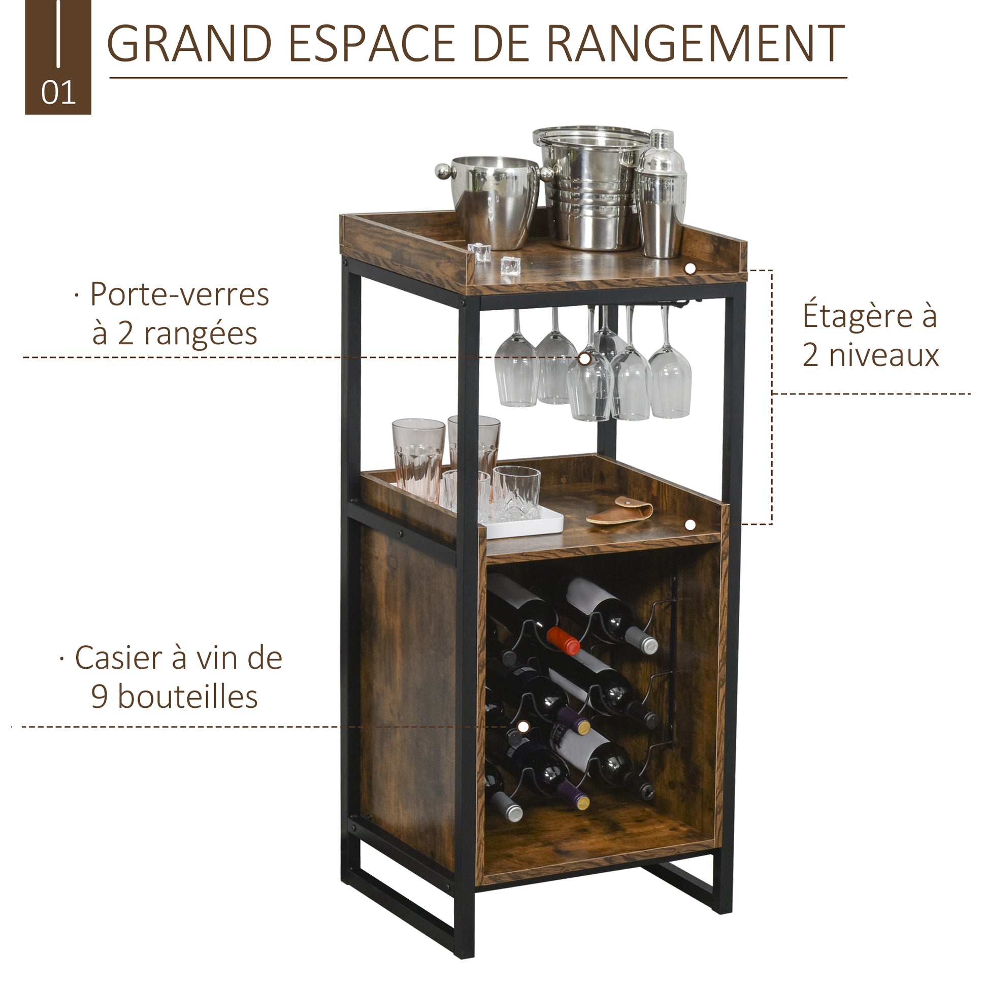 Industrial Design Wine Rack Shelf with 9-Bottle Wine Rack and Integrated Wine Glass Holder Black Metal Old Wood Grain Look