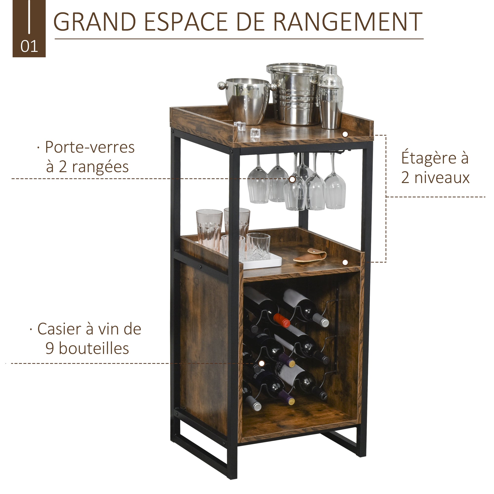 Industrial Design Wine Rack Shelf with 9-Bottle Wine Rack and Integrated Wine Glass Holder Black Metal Old Wood Grain Look
