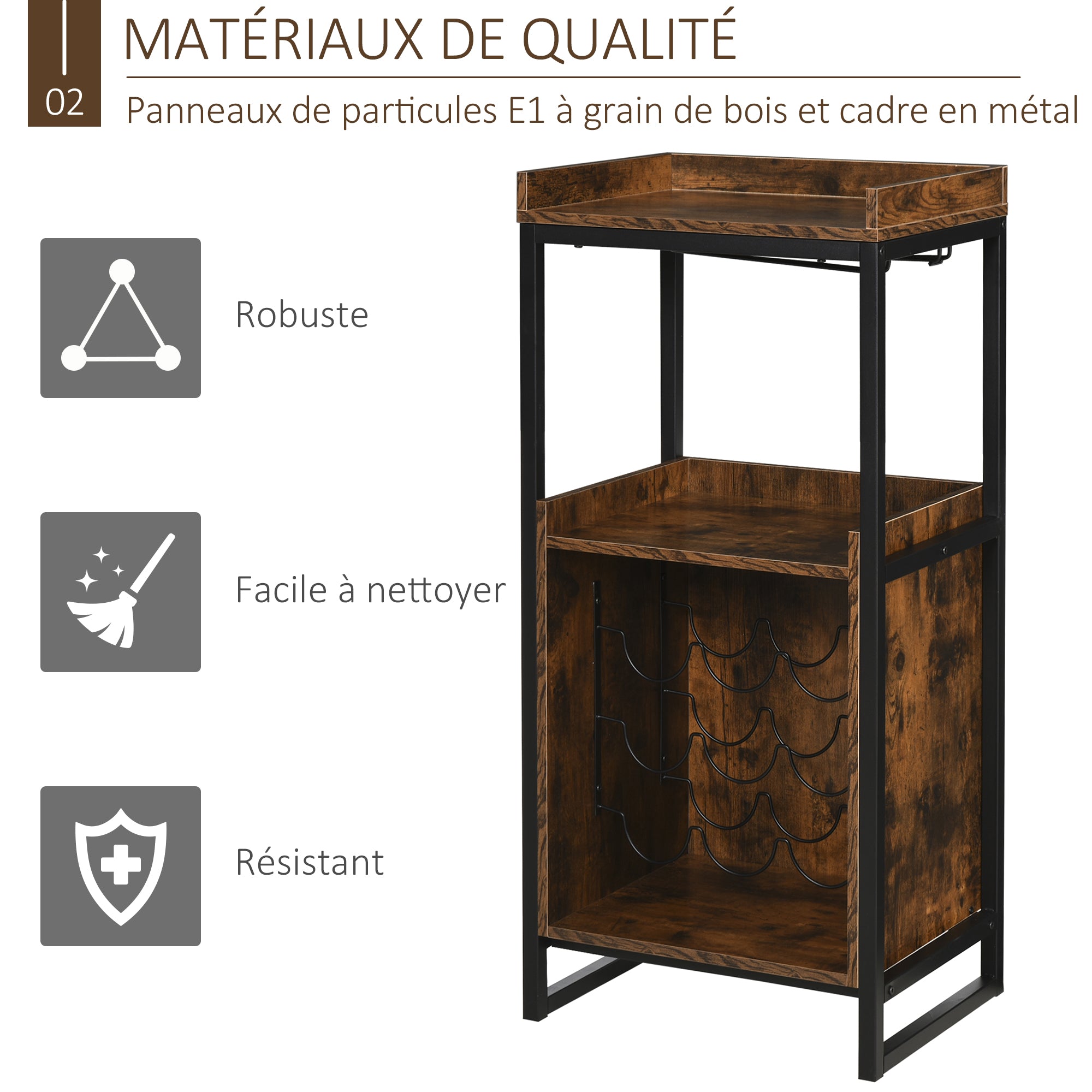 Industrial Design Wine Rack Shelf with 9-Bottle Wine Rack and Integrated Wine Glass Holder Black Metal Old Wood Grain Look