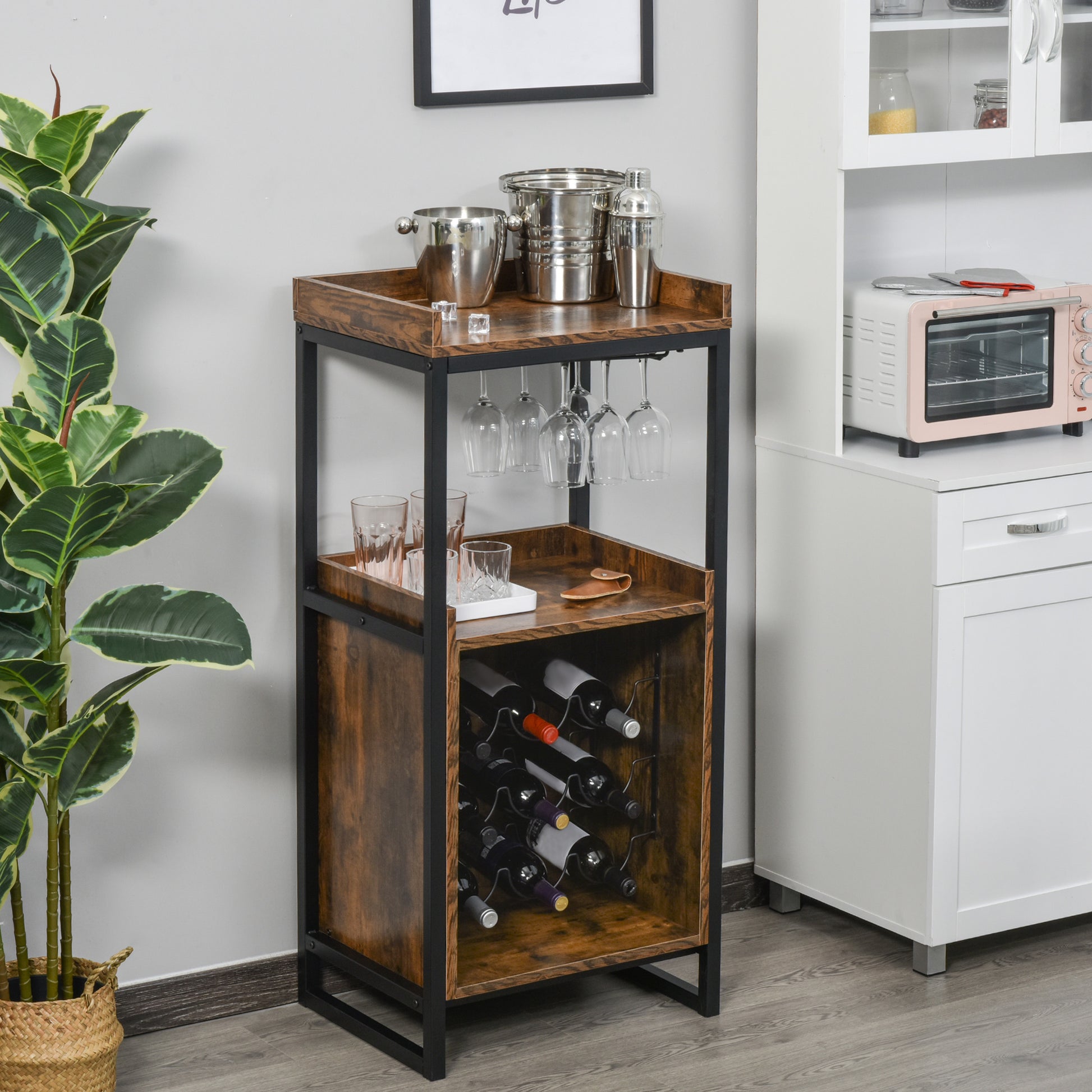 Industrial Design Wine Rack Shelf with 9-Bottle Wine Rack and Integrated Wine Glass Holder Black Metal Old Wood Grain Look