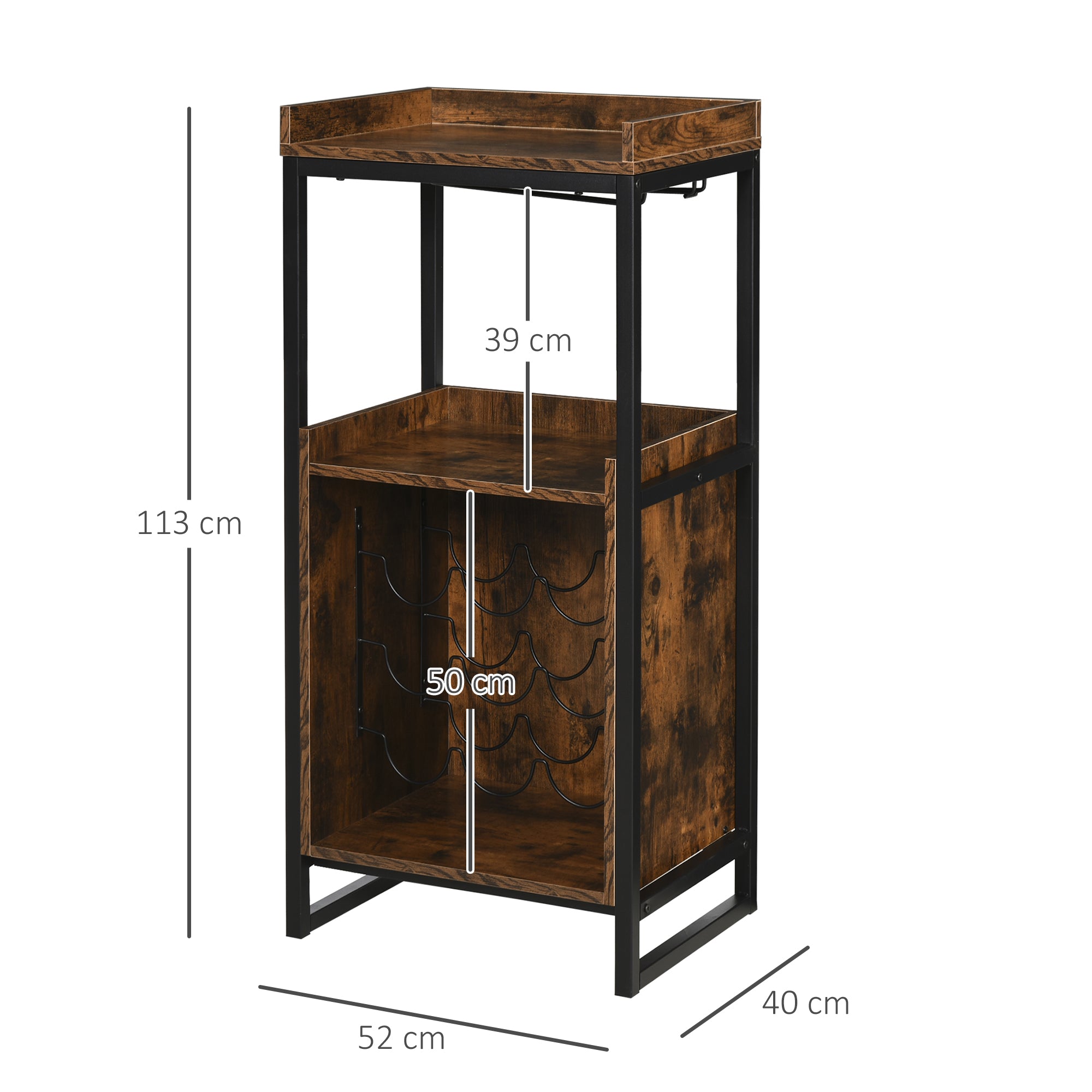 Industrial Design Wine Rack Shelf with 9-Bottle Wine Rack and Integrated Wine Glass Holder Black Metal Old Wood Grain Look