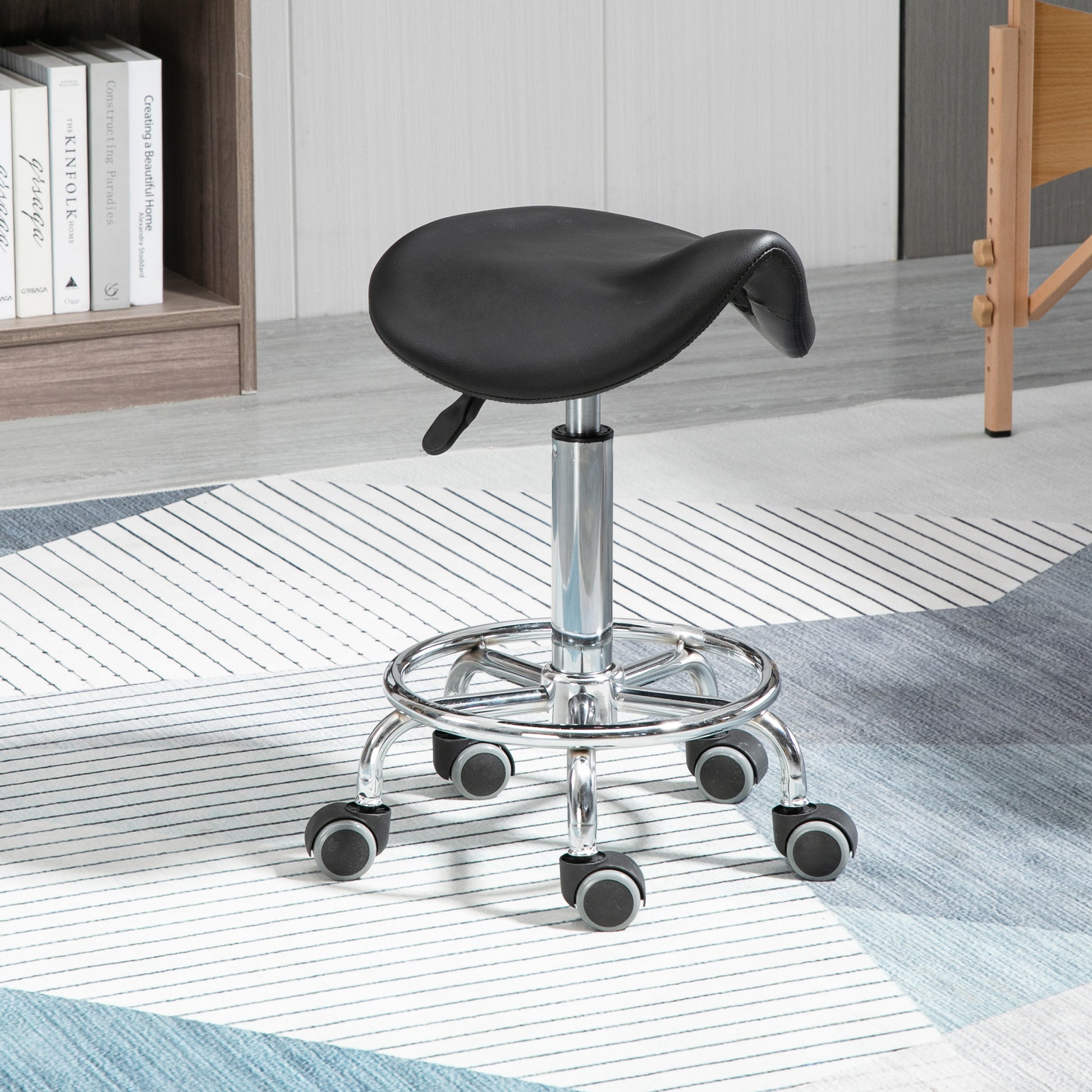 Stool with 5 Wheels, Height Adjustable Stool, Padded Ergonomic Foam Seat, Modern and Versatile Design, 36.5x37.5x51-66 cm, Black
