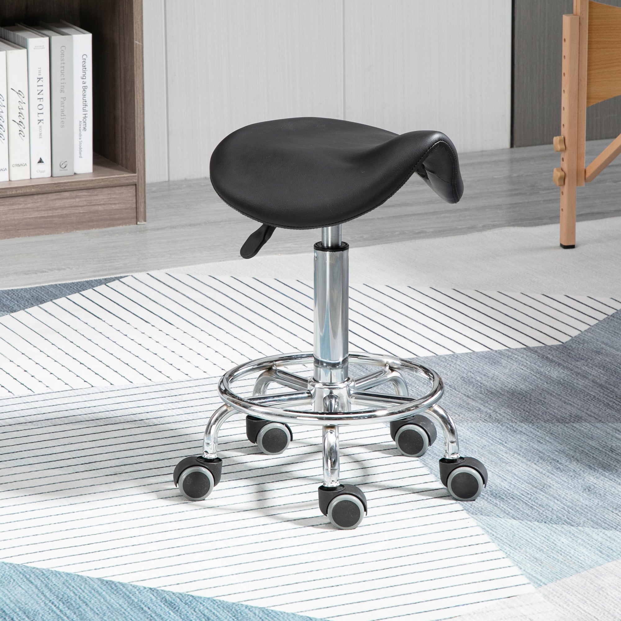 Stool with 5 Wheels, Height Adjustable Stool, Padded Ergonomic Foam Seat, Modern and Versatile Design, 36.5x37.5x51-66 cm, Black