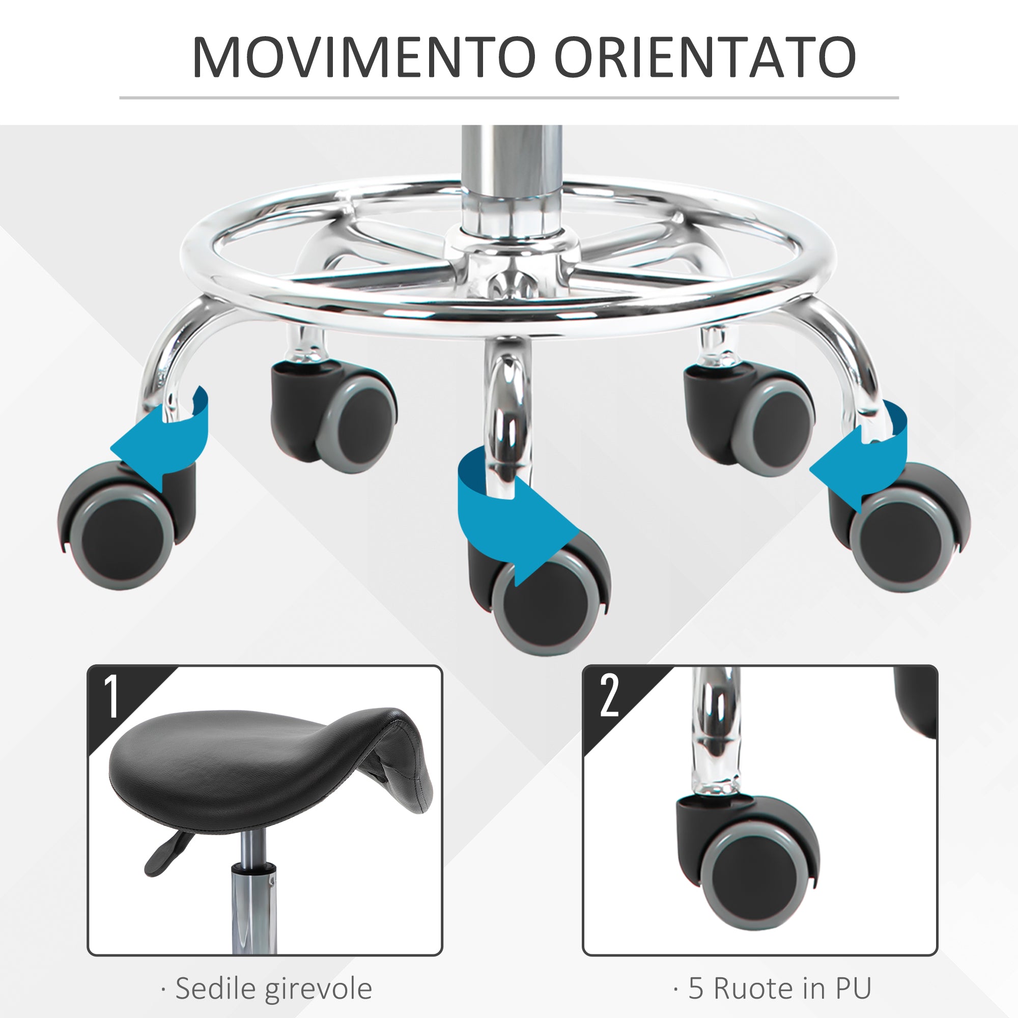 Stool with 5 Wheels, Height Adjustable Stool, Padded Ergonomic Foam Seat, Modern and Versatile Design, 36.5x37.5x51-66 cm, Black