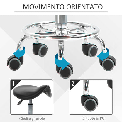 Stool with 5 Wheels, Height Adjustable Stool, Padded Ergonomic Foam Seat, Modern and Versatile Design, 36.5x37.5x51-66 cm, Black