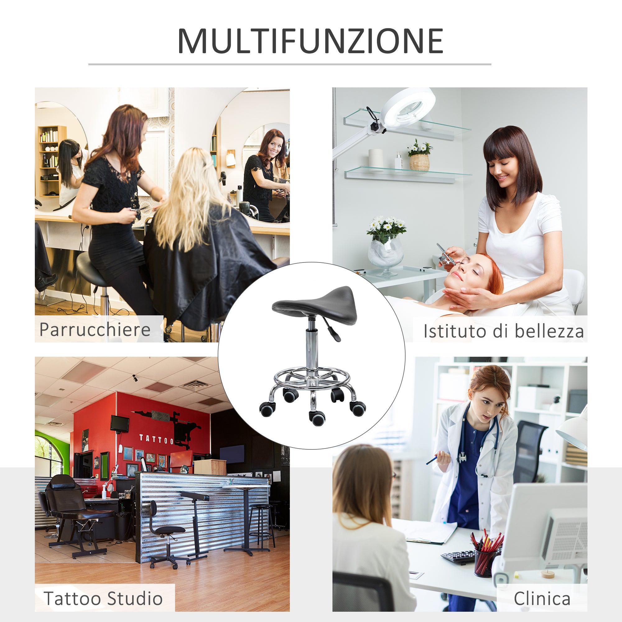 Stool with 5 Wheels, Height Adjustable Stool, Padded Ergonomic Foam Seat, Modern and Versatile Design, 36.5x37.5x51-66 cm, Black