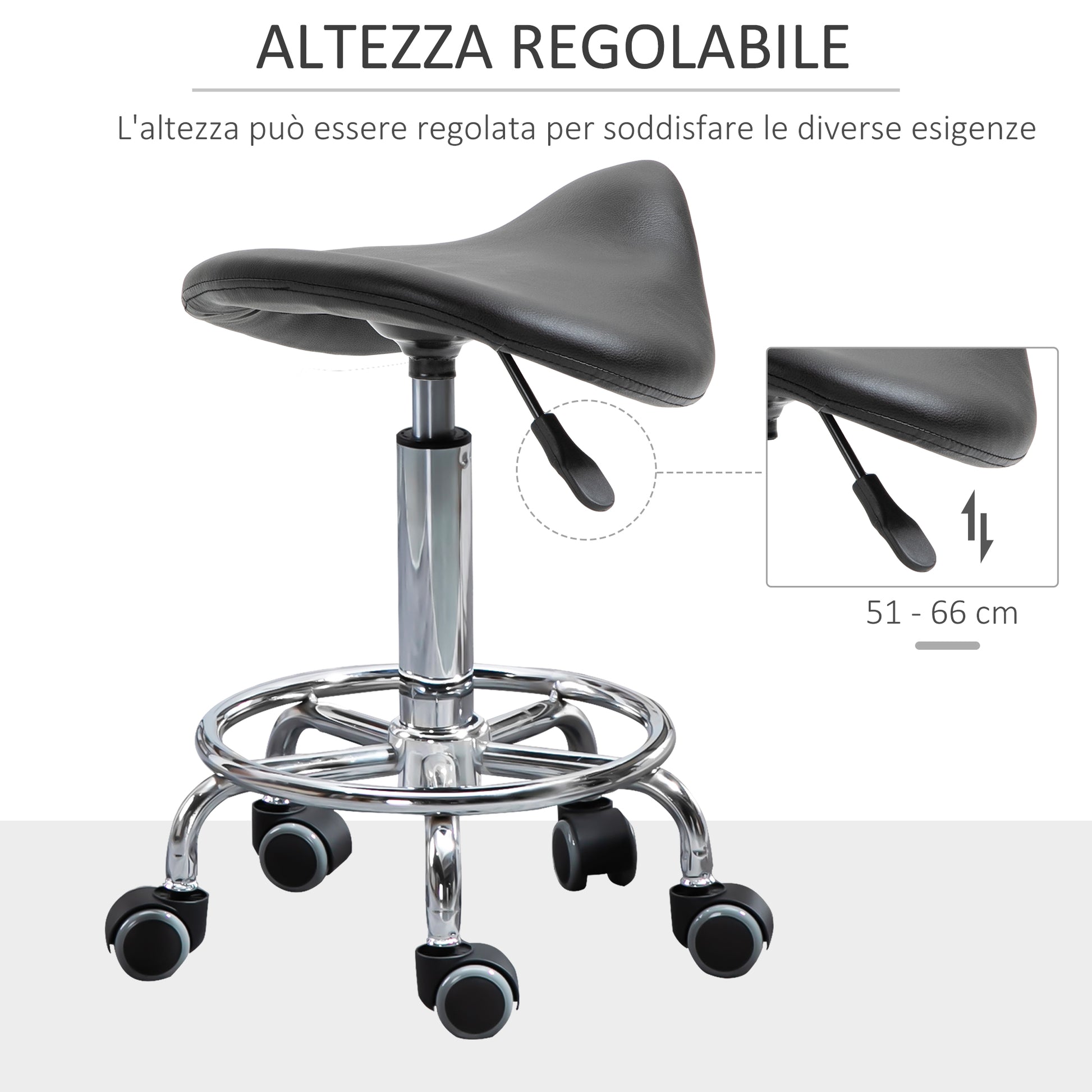 Stool with 5 Wheels, Height Adjustable Stool, Padded Ergonomic Foam Seat, Modern and Versatile Design, 36.5x37.5x51-66 cm, Black