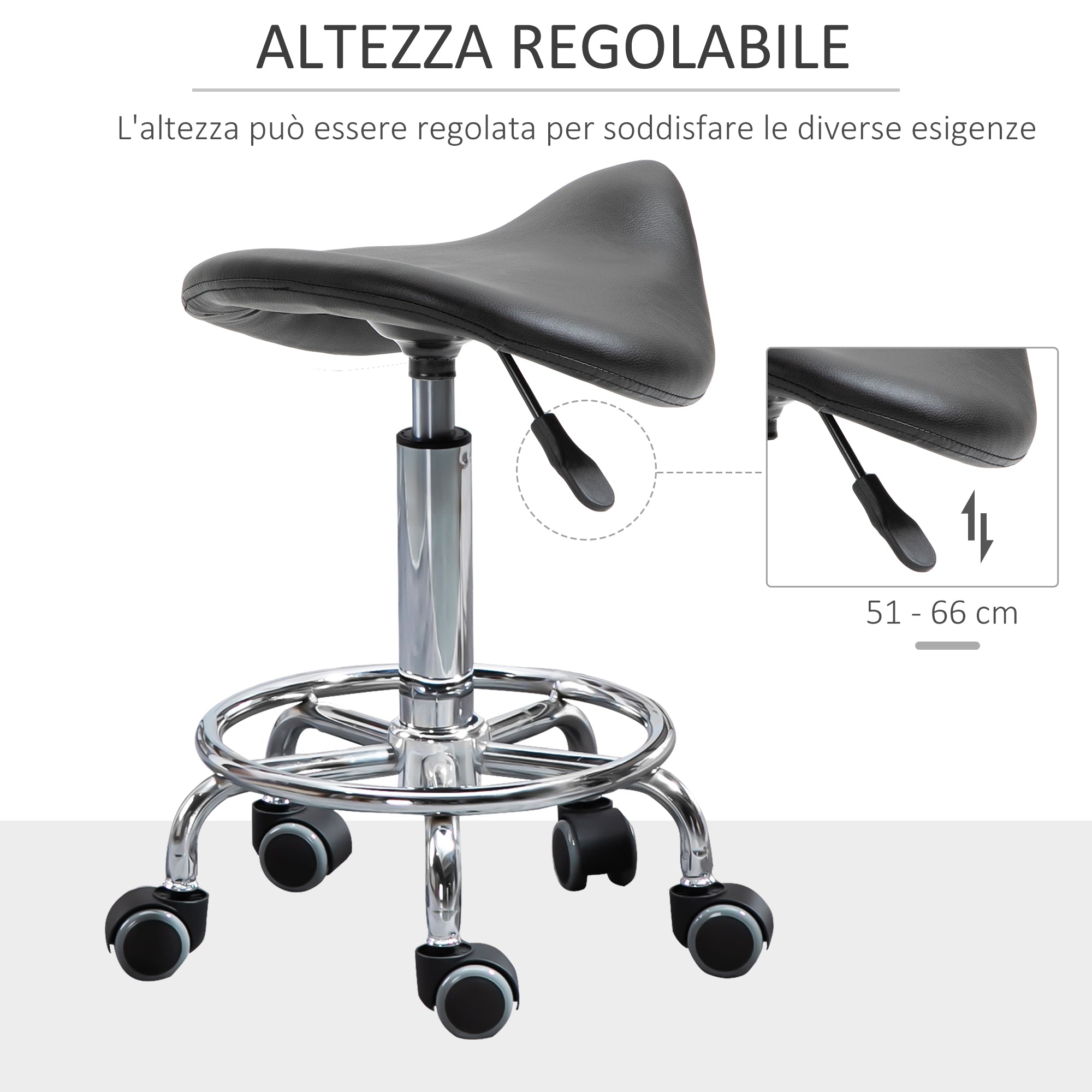Stool with 5 Wheels, Height Adjustable Stool, Padded Ergonomic Foam Seat, Modern and Versatile Design, 36.5x37.5x51-66 cm, Black