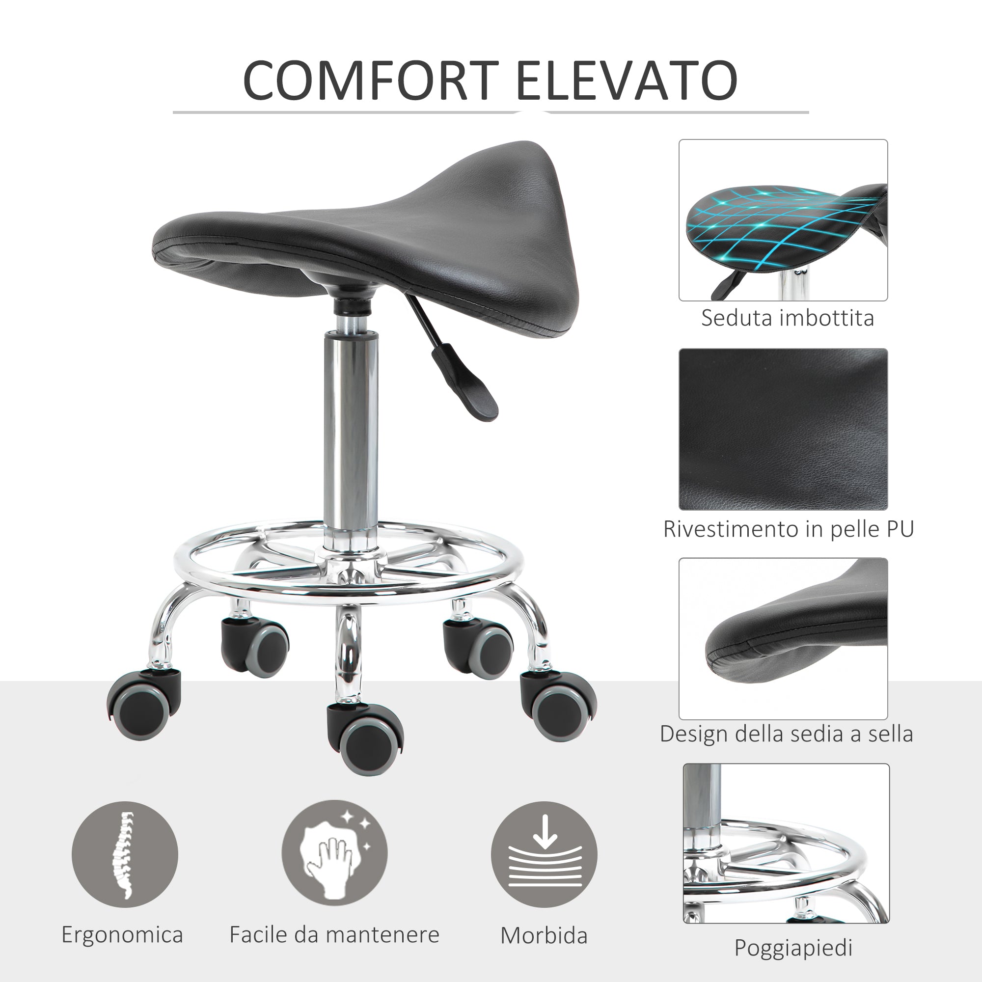 Stool with 5 Wheels, Height Adjustable Stool, Padded Ergonomic Foam Seat, Modern and Versatile Design, 36.5x37.5x51-66 cm, Black