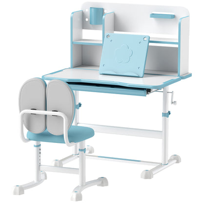 Set Desk and Chair for Kids 3-12 Years Adjustable in Height, School Desk with 45° Tiltable Top, Drawer, Shelf, Pencil Holder, and Reading Stand, in Steel and MDF, Blue