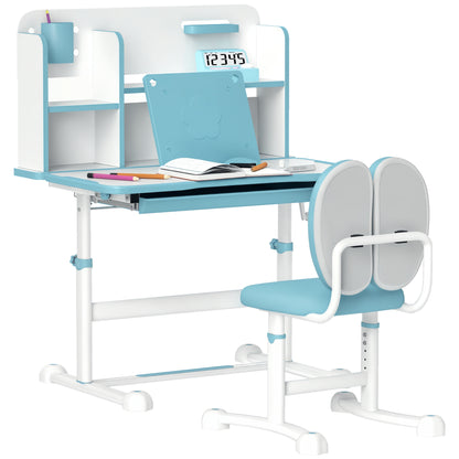 Set Desk and Chair for Kids 3-12 Years Adjustable in Height, School Desk with 45° Tiltable Top, Drawer, Shelf, Pencil Holder, and Reading Stand, in Steel and MDF, Blue