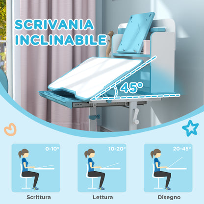 Set Desk and Chair for Kids 3-12 Years Adjustable in Height, School Desk with 45° Tiltable Top, Drawer, Shelf, Pencil Holder, and Reading Stand, in Steel and MDF, Blue