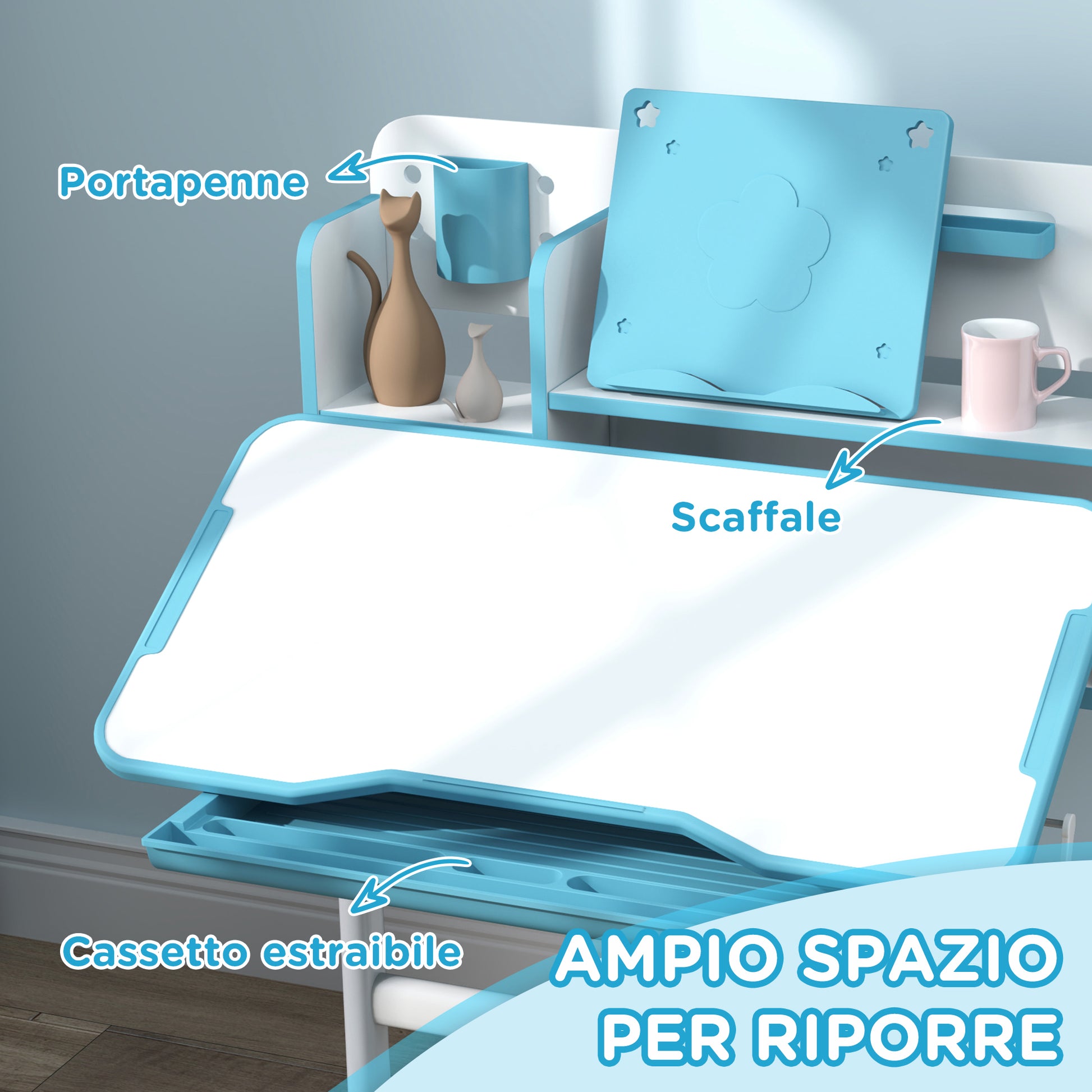 Set Desk and Chair for Kids 3-12 Years Adjustable in Height, School Desk with 45° Tiltable Top, Drawer, Shelf, Pencil Holder, and Reading Stand, in Steel and MDF, Blue