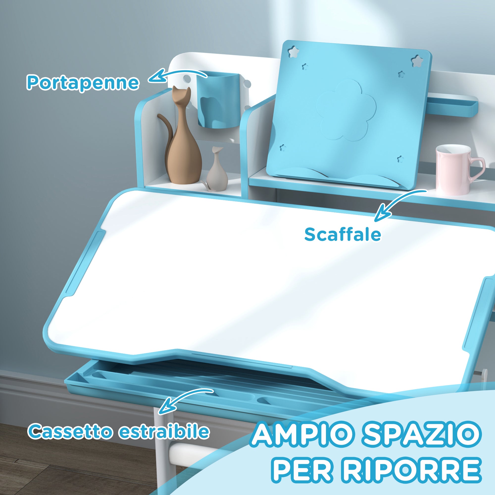 Set Desk and Chair for Kids 3-12 Years Adjustable in Height, School Desk with 45° Tiltable Top, Drawer, Shelf, Pencil Holder, and Reading Stand, in Steel and MDF, Blue