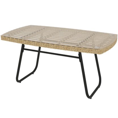 Poly Rattan Garden Table, 90 x 50 x 45 cm, UV Resistant Side Table with Glass Top, Rectangular Patio Table, Balcony Table for Garden, Patio, Balcony Natural Wood