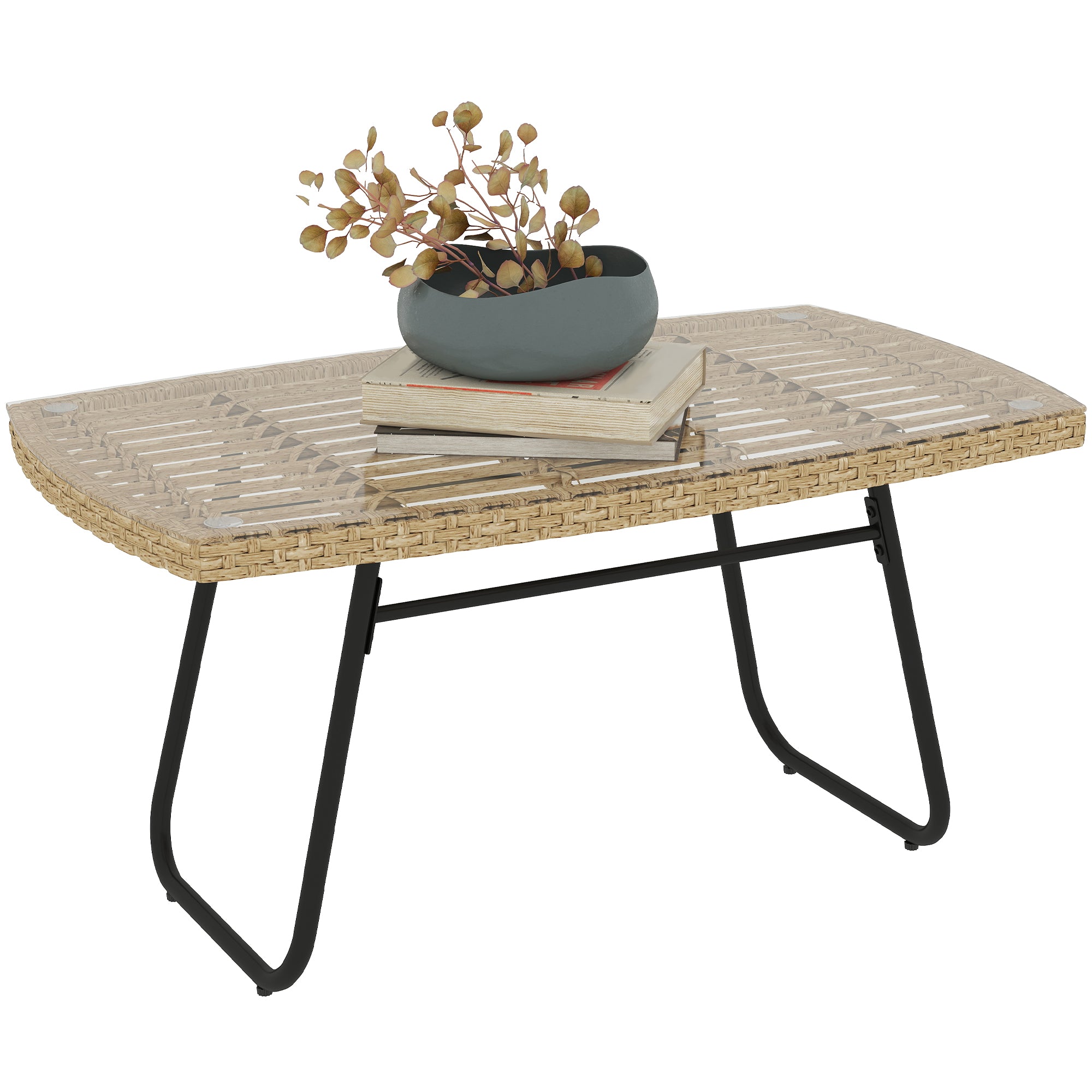 Poly Rattan Garden Table, 90 x 50 x 45 cm, UV Resistant Side Table with Glass Top, Rectangular Patio Table, Balcony Table for Garden, Patio, Balcony Natural Wood