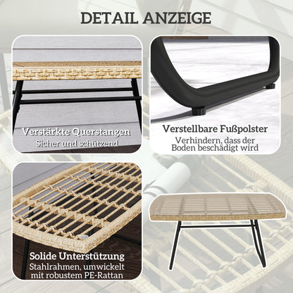 Poly Rattan Garden Table, 90 x 50 x 45 cm, UV Resistant Side Table with Glass Top, Rectangular Patio Table, Balcony Table for Garden, Patio, Balcony Natural Wood