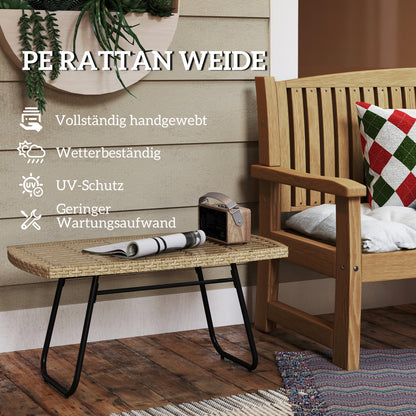 Poly Rattan Garden Table, 90 x 50 x 45 cm, UV Resistant Side Table with Glass Top, Rectangular Patio Table, Balcony Table for Garden, Patio, Balcony Natural Wood