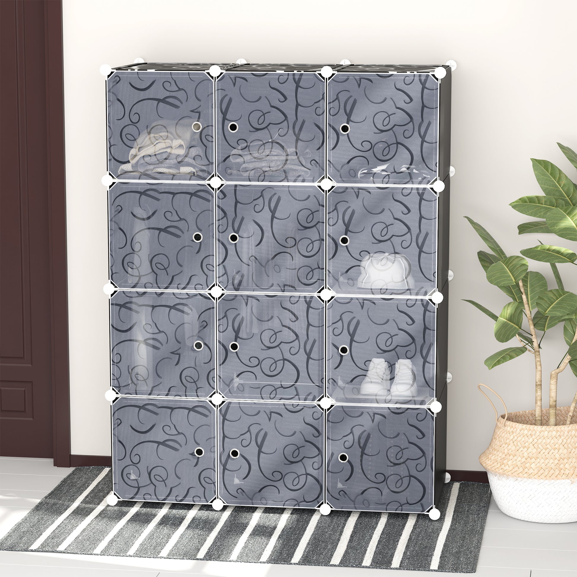 DIY Wardrobe Shelving System with 2 Large and 9 Small Cubes DIY Cube Storage, Shoe Rack, Bookshelf Toy Cabinet Black 111 x 47 x 145 cm
