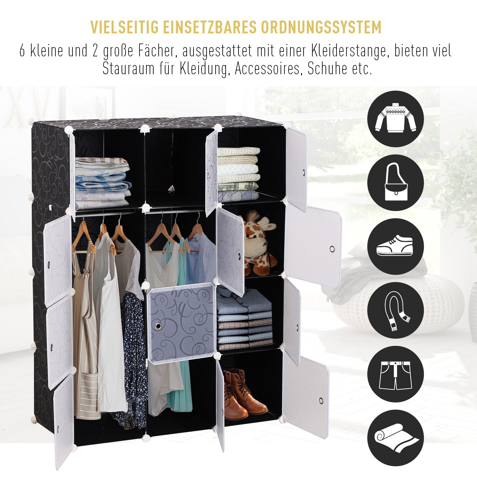 DIY Wardrobe Shelving System with 2 Large and 9 Small Cubes DIY Cube Storage, Shoe Rack, Bookshelf Toy Cabinet Black 111 x 47 x 145 cm