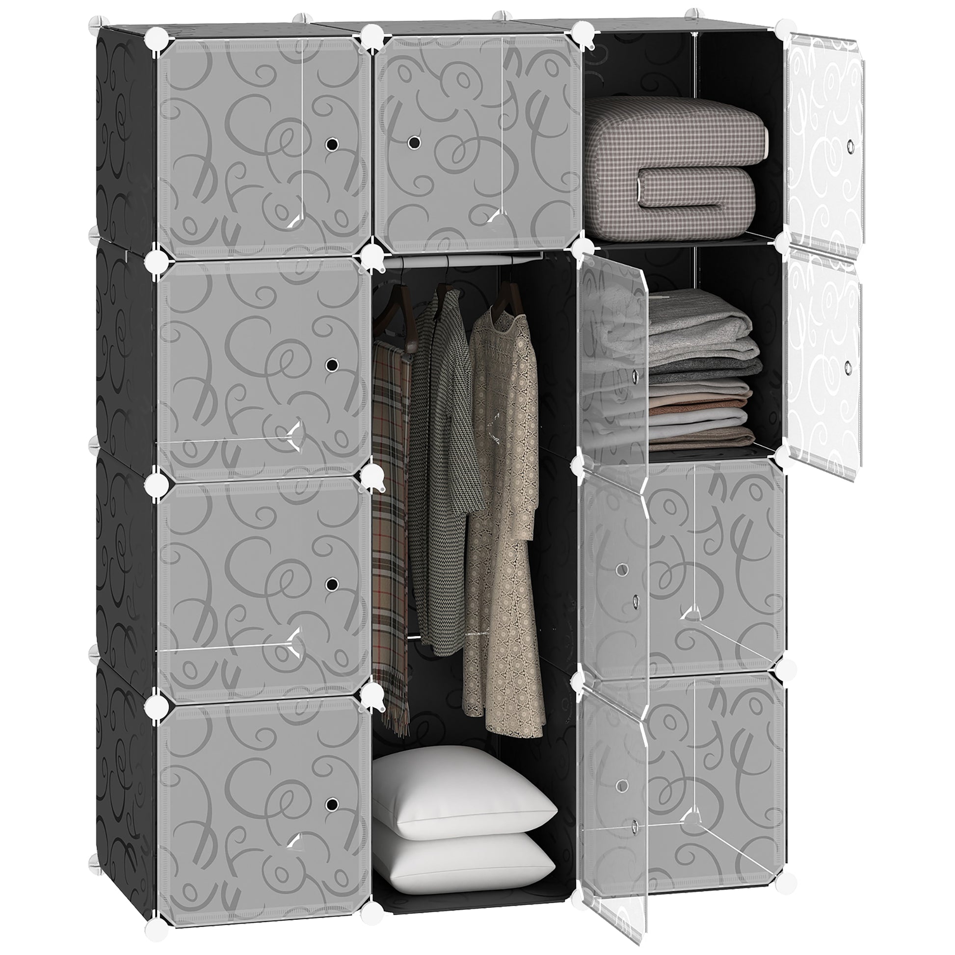 DIY Wardrobe Shelving System with 2 Large and 9 Small Cubes DIY Cube Storage, Shoe Rack, Bookshelf Toy Cabinet Black 111 x 47 x 145 cm