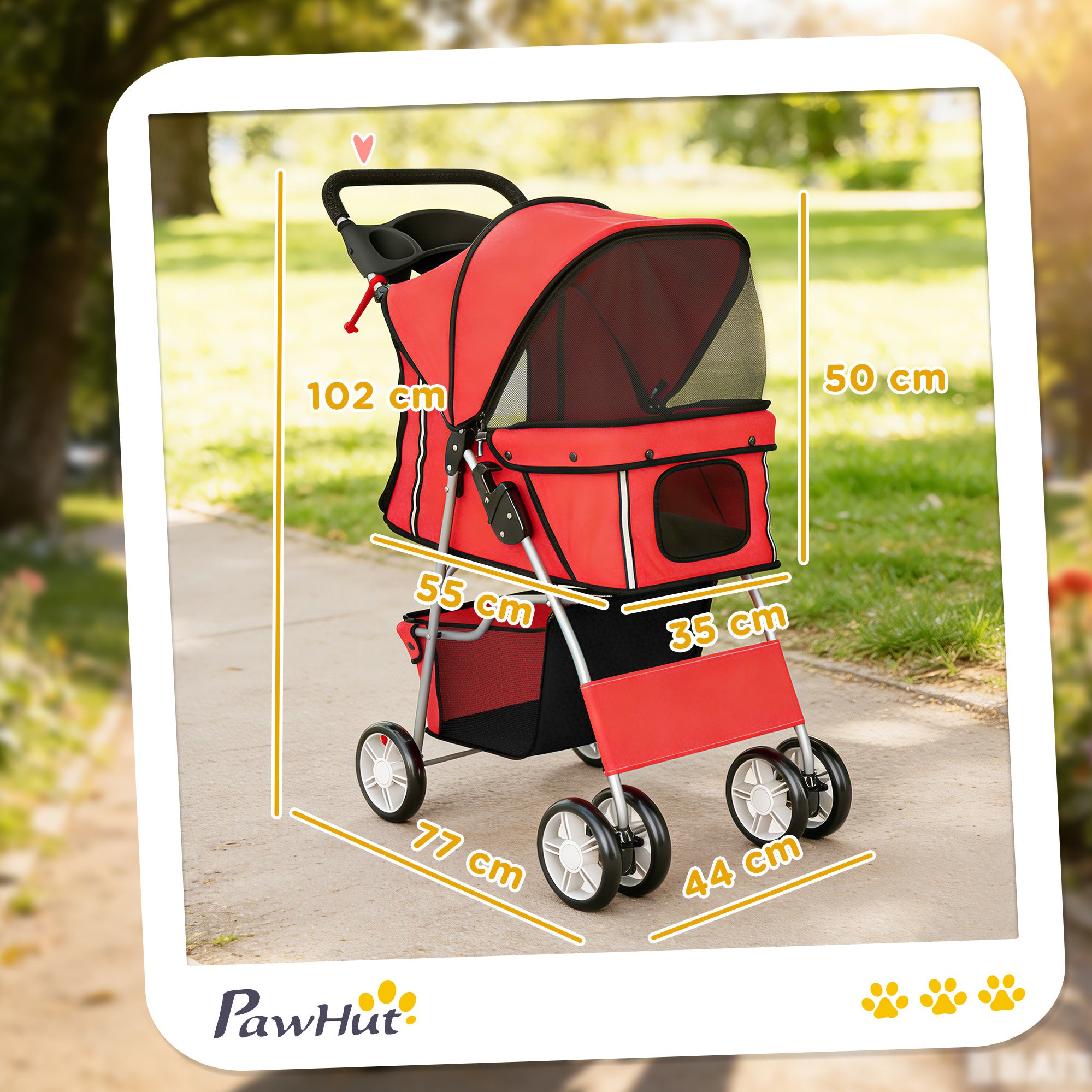 Foldable Pet Stroller for Small Dogs & Cats — Up to 22 lb, 360° Swivel Wheels, Brakes, Reflective Strips, Storage Basket, Washable Cushion, Cup Holder, Red