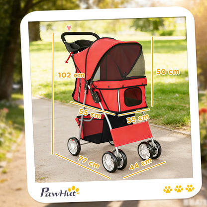 Foldable Pet Stroller for Small Dogs & Cats — Up to 22 lb, 360° Swivel Wheels, Brakes, Reflective Strips, Storage Basket, Washable Cushion, Cup Holder, Red