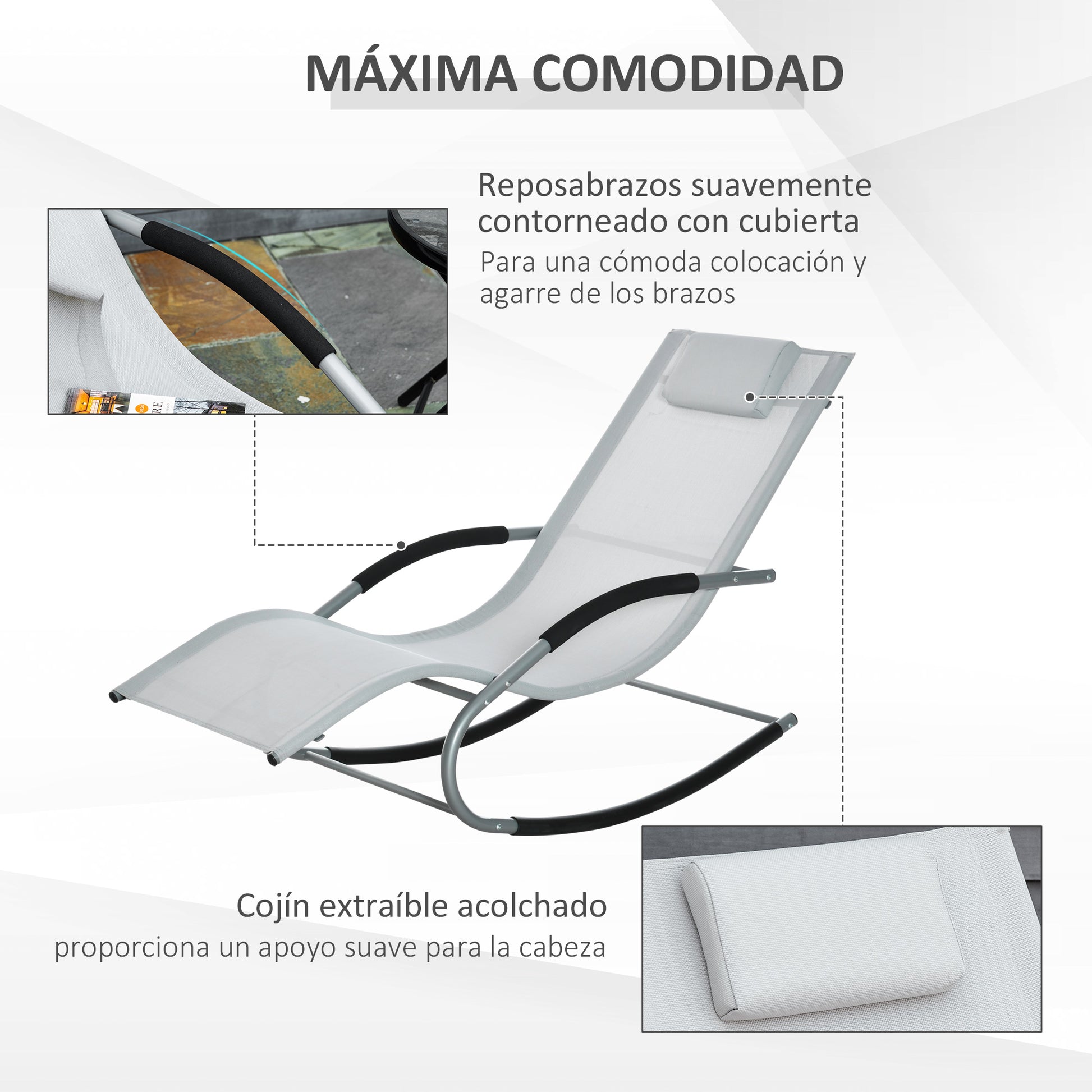 Garden Rocking Lounger with Headrest, Armrests, and Metallic Frame Load 120 kg for Beach Patio Terrace 63x144x84 cm Grey