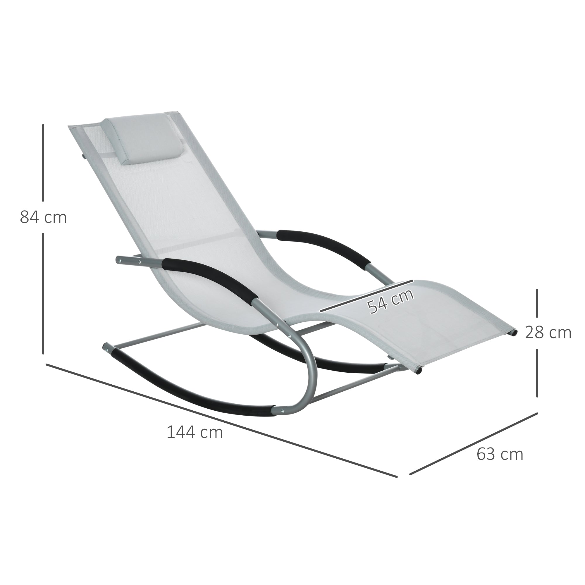 Garden Rocking Lounger with Headrest, Armrests, and Metallic Frame Load 120 kg for Beach Patio Terrace 63x144x84 cm Grey