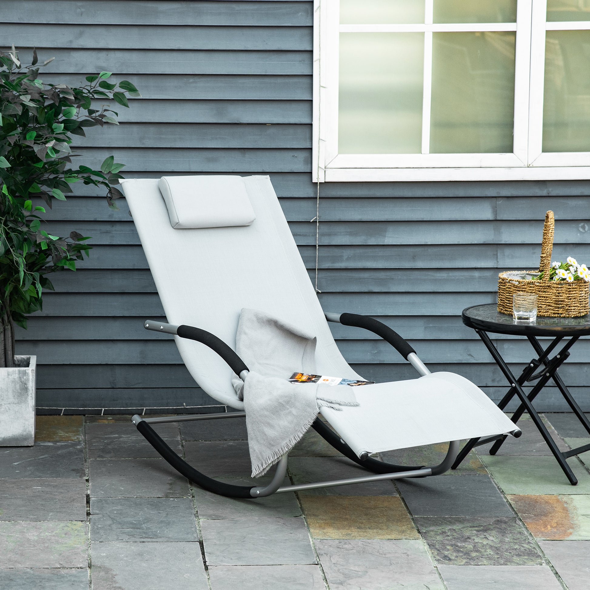 Garden Rocking Lounger with Headrest, Armrests, and Metallic Frame Load 120 kg for Beach Patio Terrace 63x144x84 cm Grey