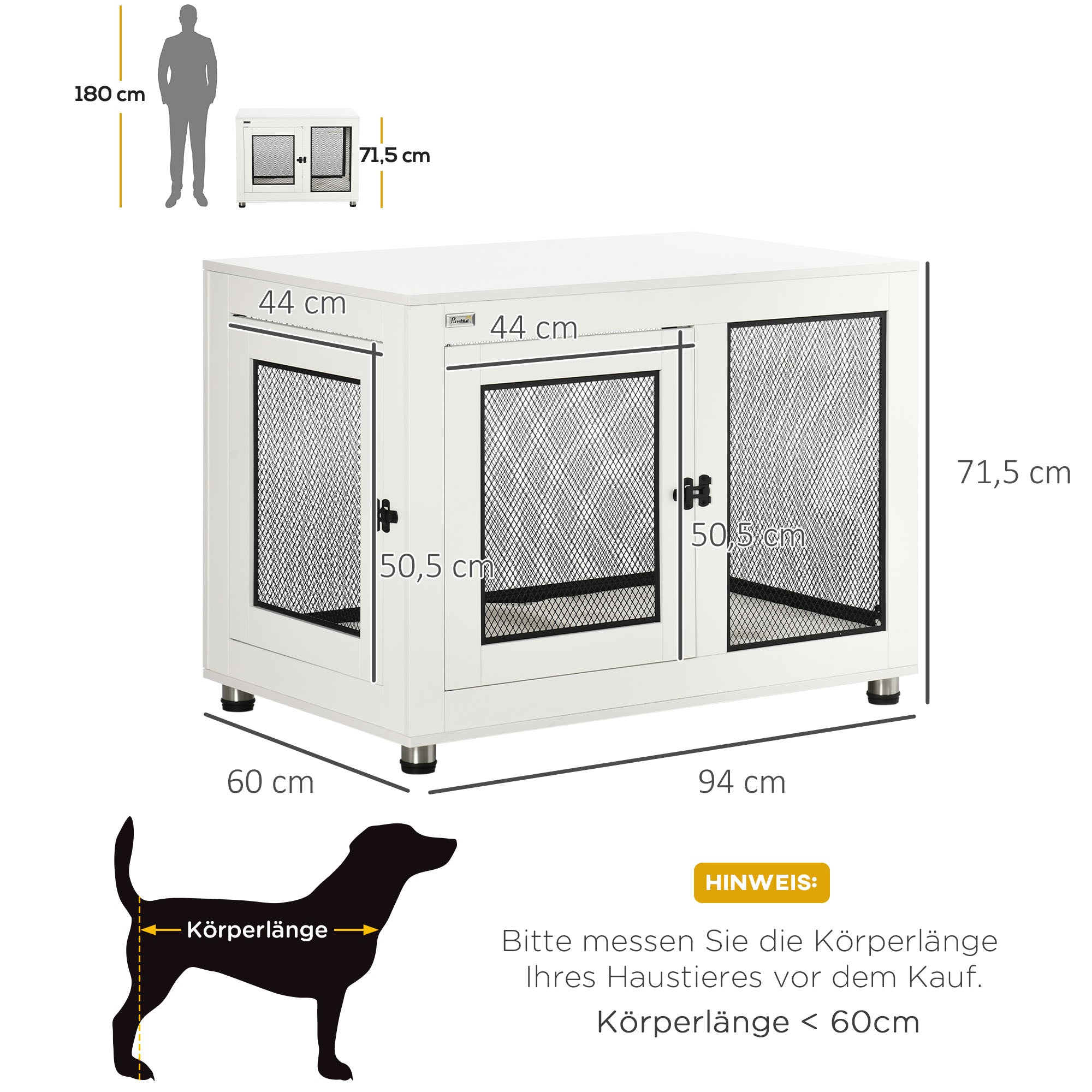 Home Dog Cage, Dog Crate with 2 Doors, Washable Cushion, Dog House with Adjustable Feet, Latch, for Large Dogs up to 30 kg, White, 94 x 60 x 71.5 cm