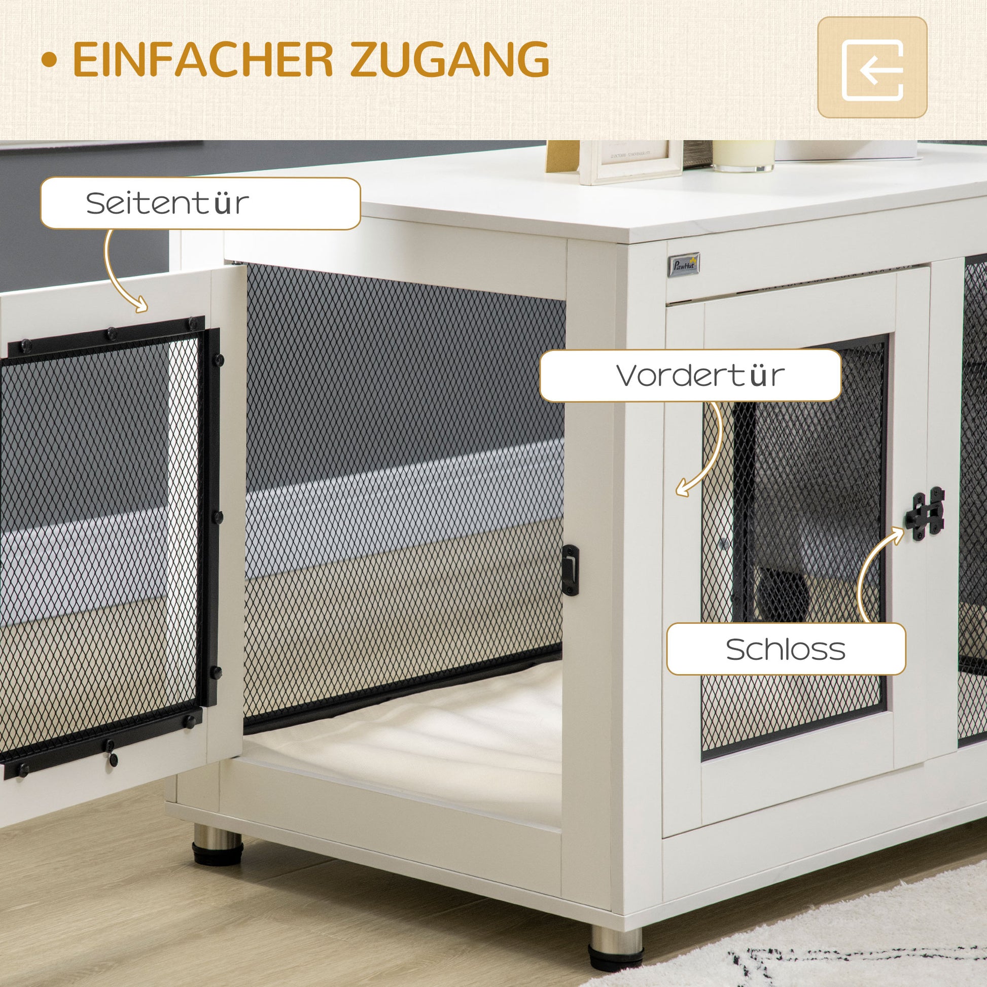 Home Dog Cage, Dog Crate with 2 Doors, Washable Cushion, Dog House with Adjustable Feet, Latch, for Large Dogs up to 30 kg, White, 94 x 60 x 71.5 cm