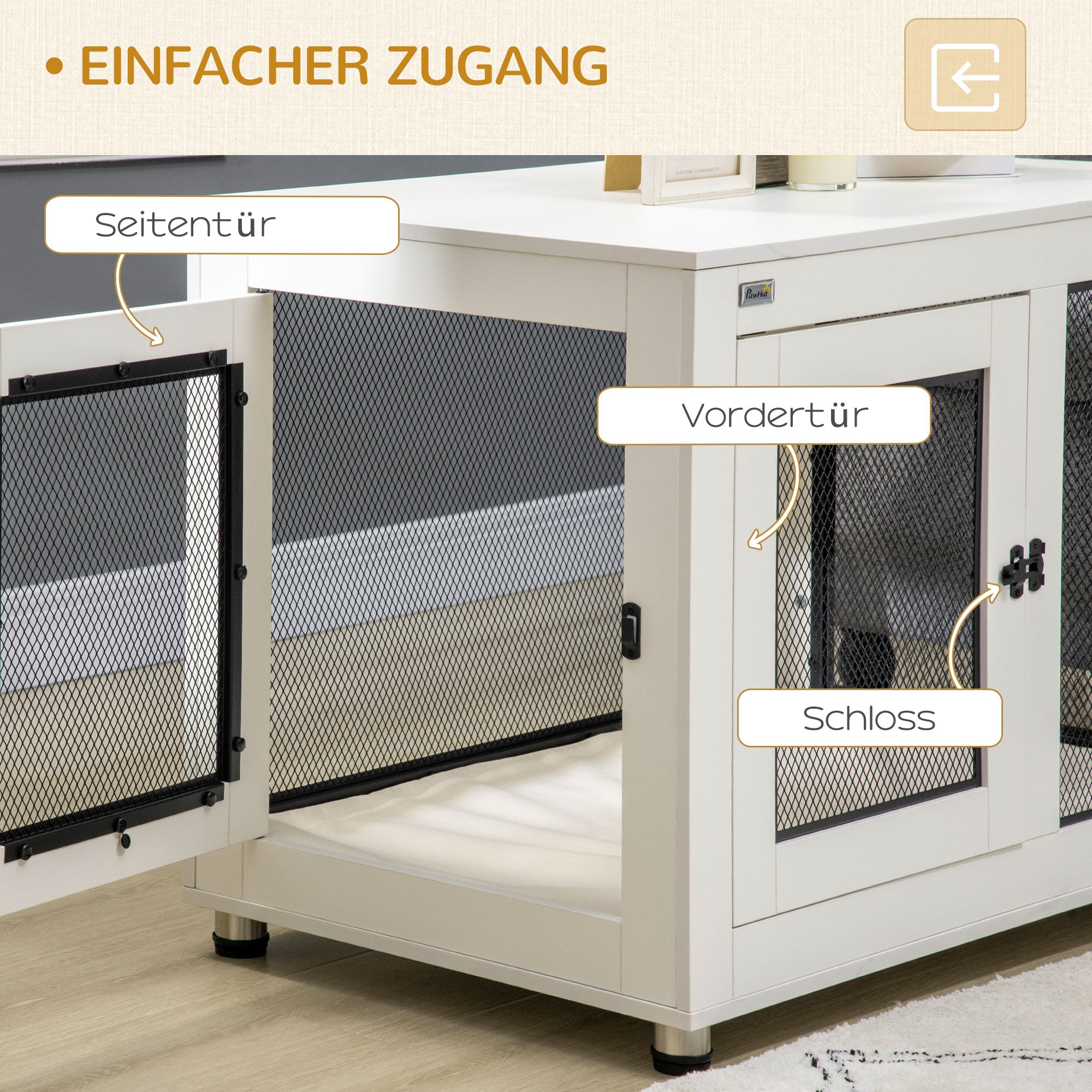 Home Dog Cage, Dog Crate with 2 Doors, Washable Cushion, Dog House with Adjustable Feet, Latch, for Large Dogs up to 30 kg, White, 94 x 60 x 71.5 cm