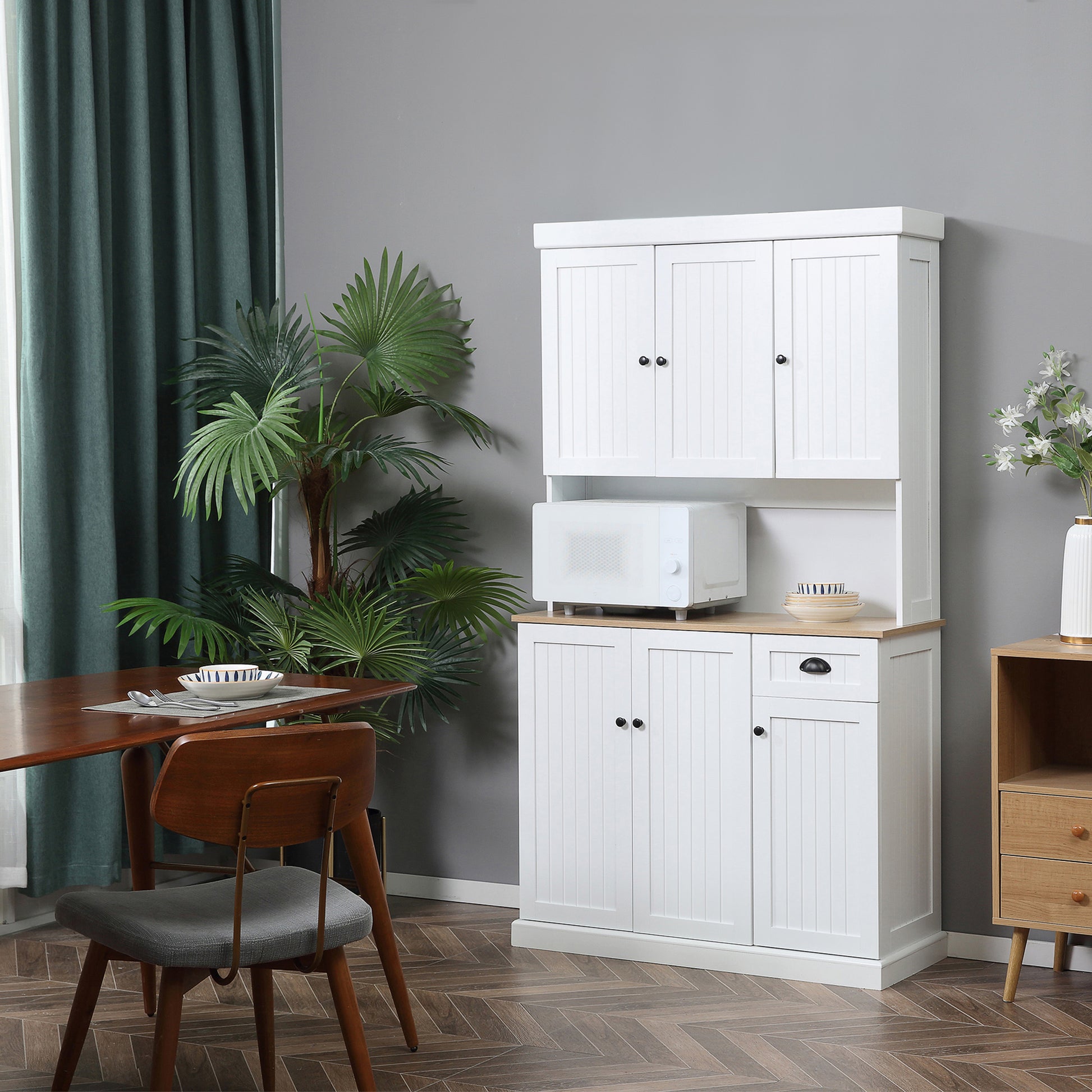 Tall Kitchen Pantry with Cabinets, Drawer, and Microwave Shelf, Slim Pantry Cupboard with Doors and Adjustable Shelves, for Living Room, Dining Room, 101x39x180cm, White