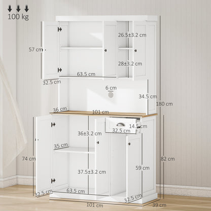 Tall Kitchen Pantry with Cabinets, Drawer, and Microwave Shelf, Slim Pantry Cupboard with Doors and Adjustable Shelves, for Living Room, Dining Room, 101x39x180cm, White