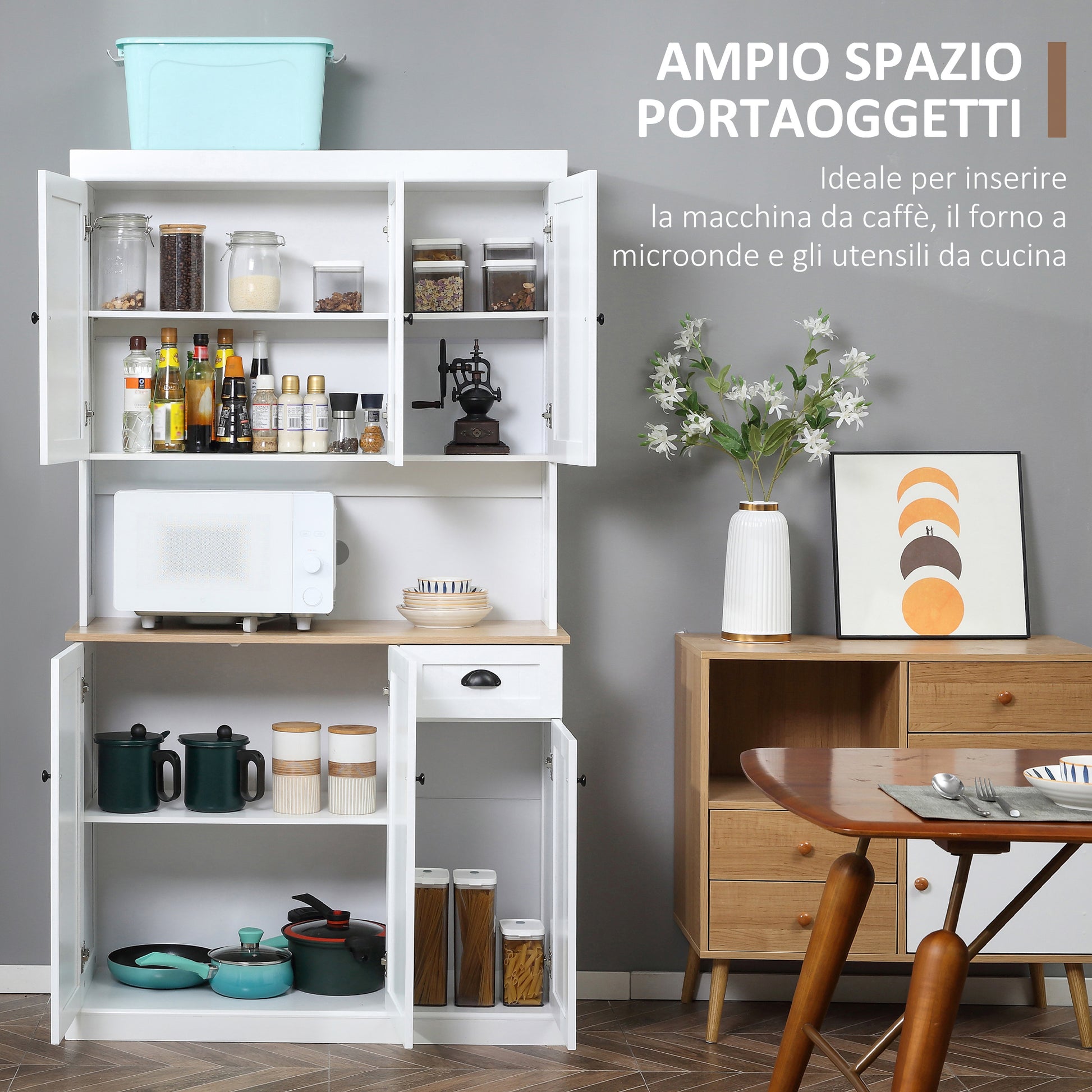 Tall Kitchen Pantry with Cabinets, Drawer, and Microwave Shelf, Slim Pantry Cupboard with Doors and Adjustable Shelves, for Living Room, Dining Room, 101x39x180cm, White