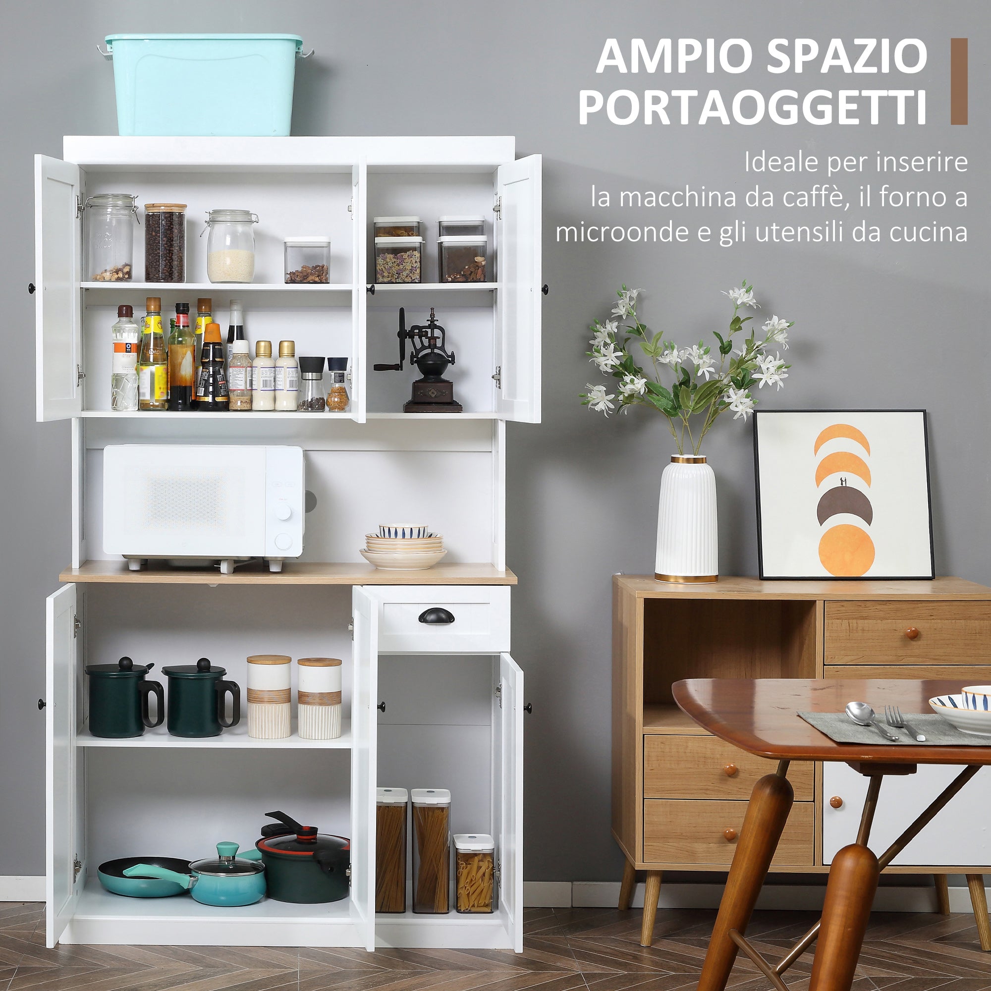 Tall Kitchen Pantry with Cabinets, Drawer, and Microwave Shelf, Slim Pantry Cupboard with Doors and Adjustable Shelves, for Living Room, Dining Room, 101x39x180cm, White