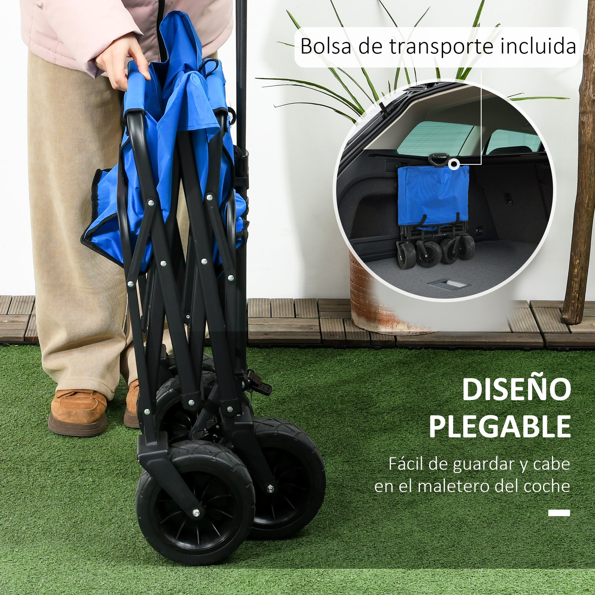 Garden Cart with Removable Cooler Bag Beach Folding Wagon with Adjustable Length and Angle of Handle and Transport Bag 100 kg Load Capacity Blue
