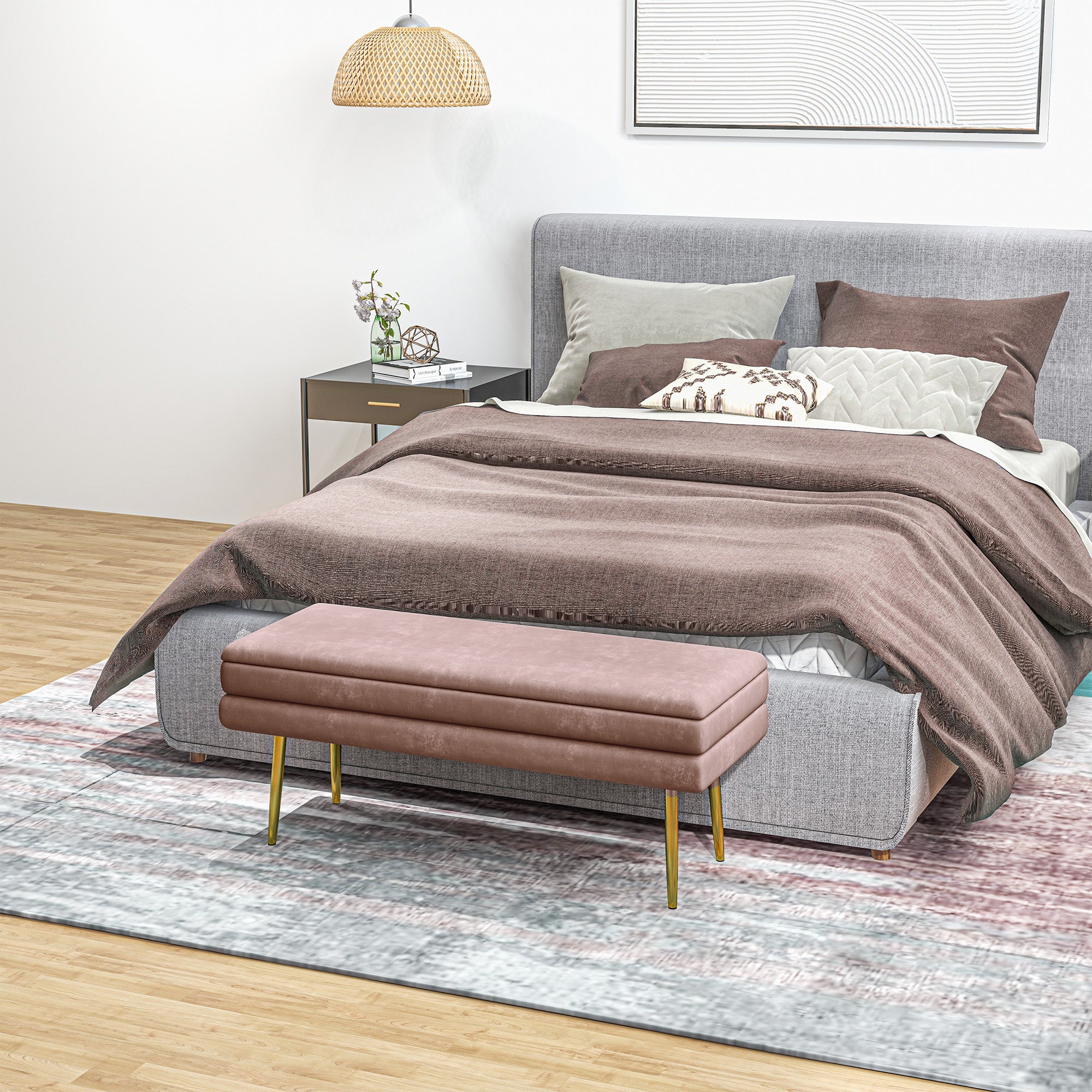 Bench, Upholstered Bench with Storage, Velvet Look, Bed Bench with Steel Legs, Shoe Bench, Storage Bench for Living Room, Bedroom, Pink, 100 x 37.5 x 42 cm