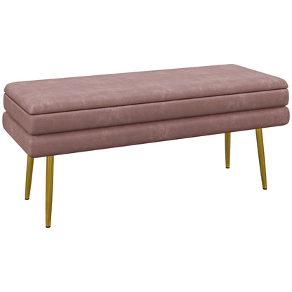 Bench, Upholstered Bench with Storage, Velvet Look, Bed Bench with Steel Legs, Shoe Bench, Storage Bench for Living Room, Bedroom, Pink, 100 x 37.5 x 42 cm