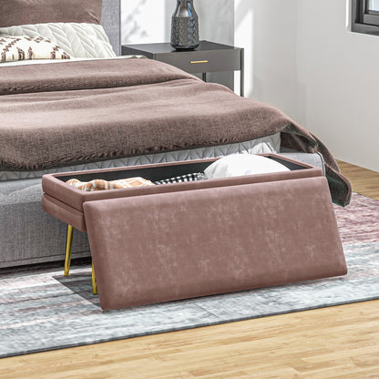 Bench, Upholstered Bench with Storage, Velvet Look, Bed Bench with Steel Legs, Shoe Bench, Storage Bench for Living Room, Bedroom, Pink, 100 x 37.5 x 42 cm