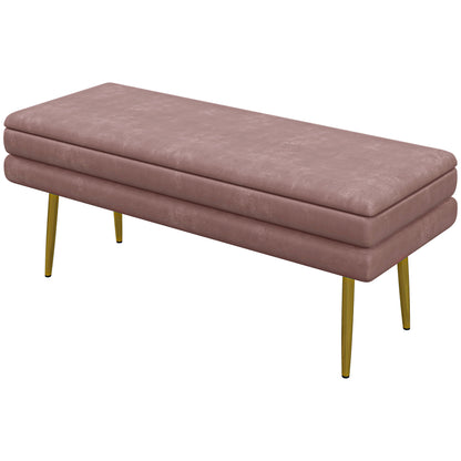 Bench, Upholstered Bench with Storage, Velvet Look, Bed Bench with Steel Legs, Shoe Bench, Storage Bench for Living Room, Bedroom, Pink, 100 x 37.5 x 42 cm
