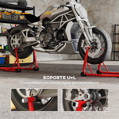 Motorcycle Stand Universal Portable Rear Steel Lift Type with 2 Forks and Wheels 80x50x40 cm Red