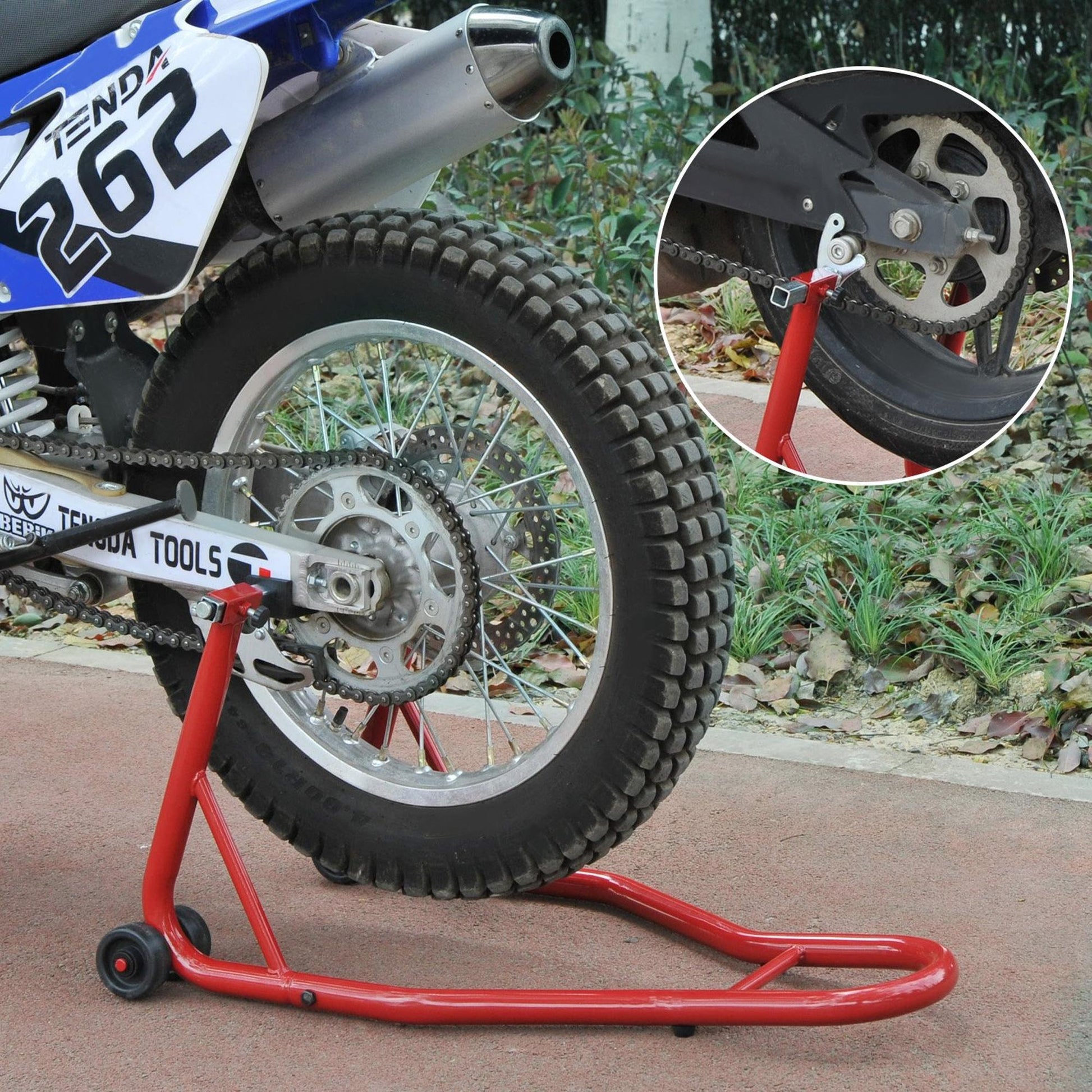 Motorcycle Stand Universal Portable Rear Steel Lift Type with 2 Forks and Wheels 80x50x40 cm Red