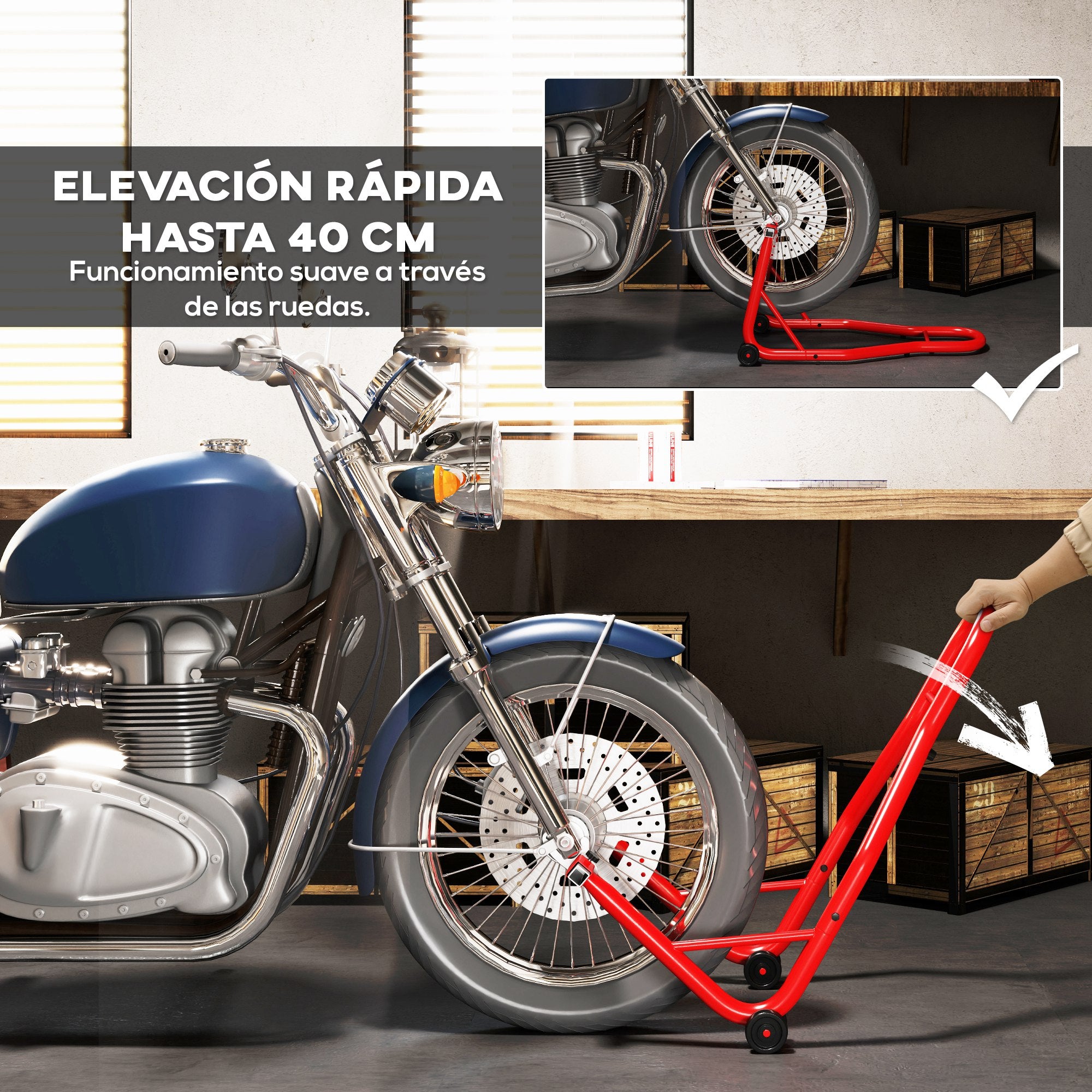 Motorcycle Stand Universal Portable Rear Steel Lift Type with 2 Forks and Wheels 80x50x40 cm Red