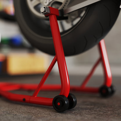 Motorcycle Stand Universal Portable Rear Steel Lift Type with 2 Forks and Wheels 80x50x40 cm Red