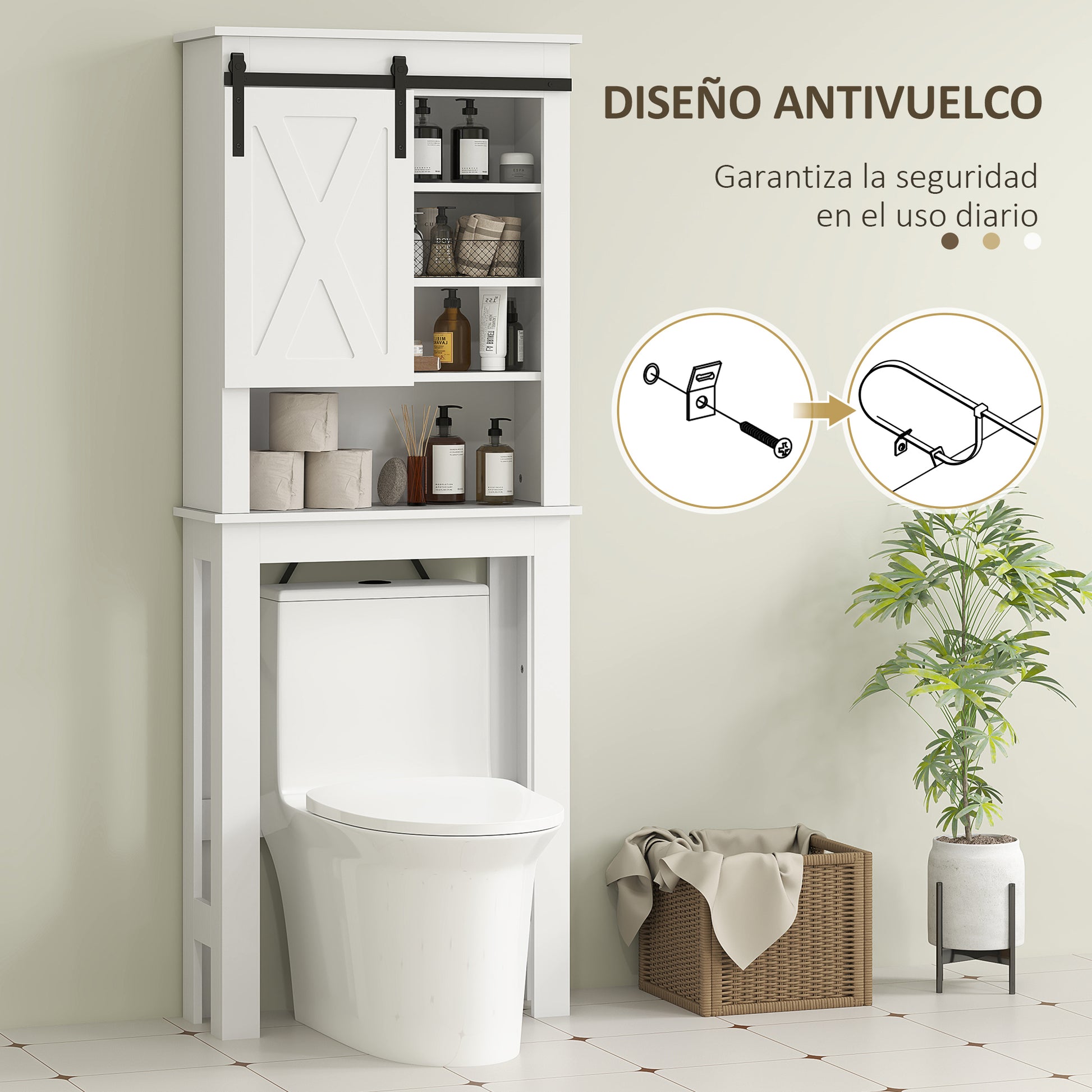 Over-The-Toilet Cabinet Over-Toilet Storage Cabinet with Barn-Style Sliding Door and 6 Compartments Rustic Bathroom Cabinet 67x25x172 cm White