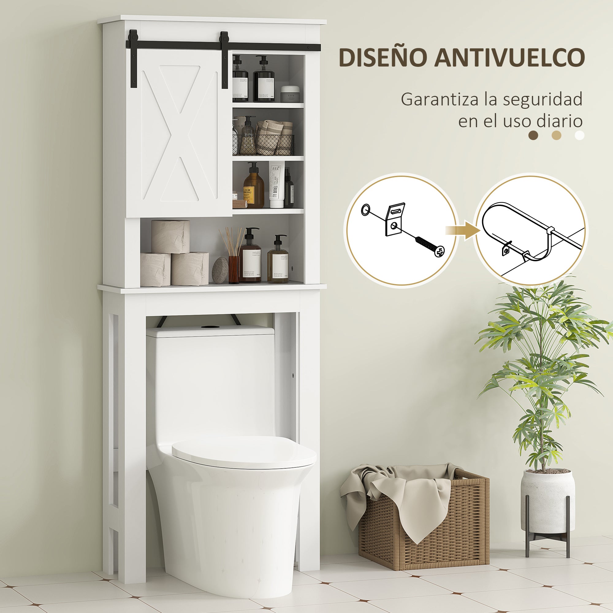 Over-The-Toilet Cabinet Over-Toilet Storage Cabinet with Barn-Style Sliding Door and 6 Compartments Rustic Bathroom Cabinet 67x25x172 cm White