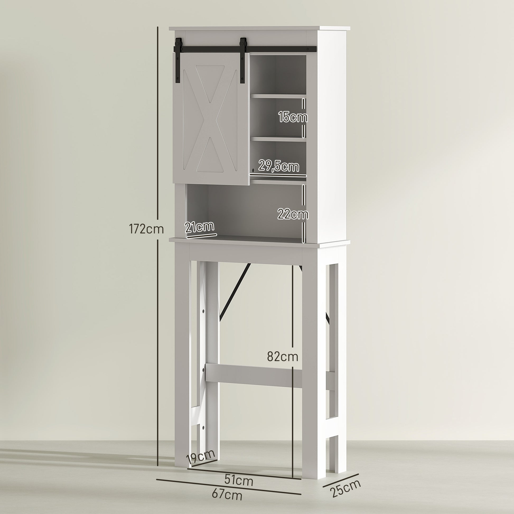 Over-The-Toilet Cabinet Over-Toilet Storage Cabinet with Barn-Style Sliding Door and 6 Compartments Rustic Bathroom Cabinet 67x25x172 cm White