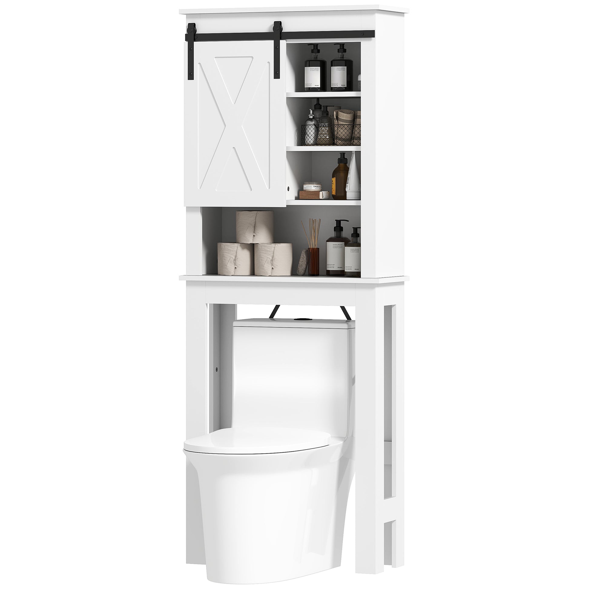 Over-The-Toilet Cabinet Over-Toilet Storage Cabinet with Barn-Style Sliding Door and 6 Compartments Rustic Bathroom Cabinet 67x25x172 cm White